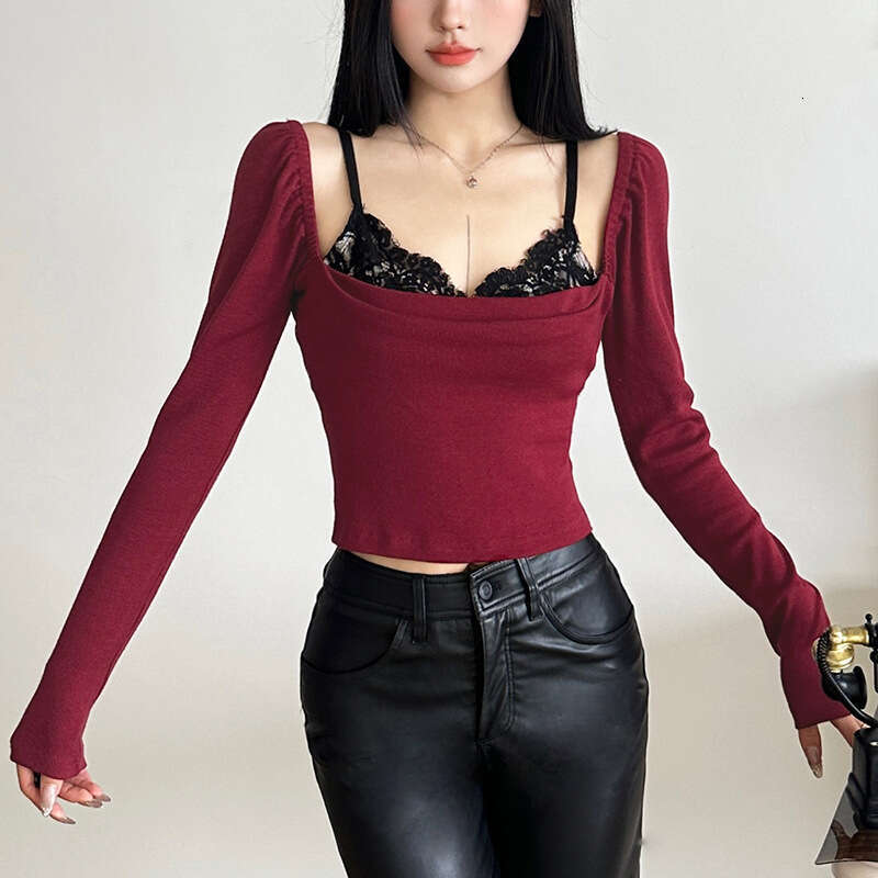 Women's Clothing 2024 Autumn Winter New Fashion Sexy Long Sleeve Square Neck Slim Fit T-Shirt 0d6