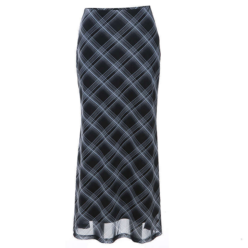 2023 Summer New Women's Solid Color Slim Fit Bodycon Street Fashion High Waist Plaid Skirt 242