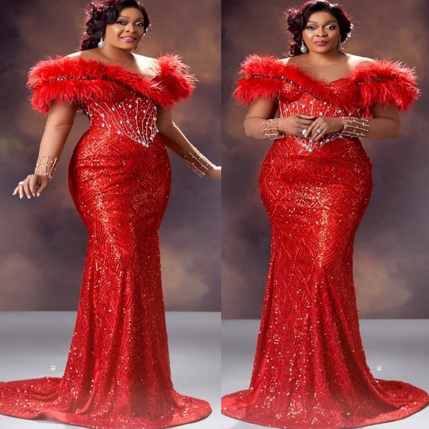 Mermaid Red Prom Dresses 2025 Feather Beaded Crystals Sequined Evening Formal Party Second Birthday Engagement Gowns Plus Size Dress For Special Occas