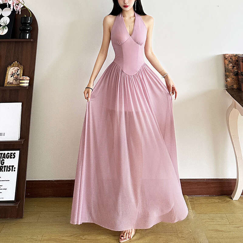 2025 Spring New Women's Solid Color Slim High Waist Fashion V-Neck Halter Sleeveless Dress 2b3