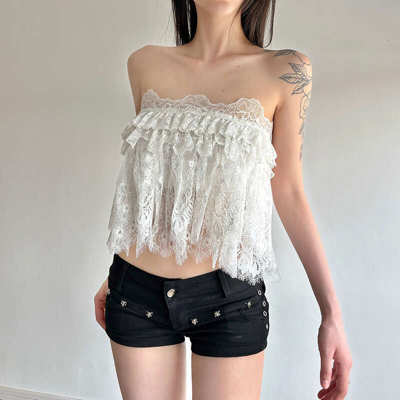 2025 Summer New Women's Fashion Street Style Sexy Lace Trim Strapless Two-Piece 8e0
