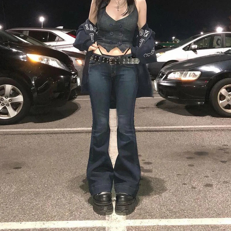 Rockmore Vintage Flare Jean Low Washed Pants Y2K Aesthetic High Street Denim Trousers Korean Casual 250717