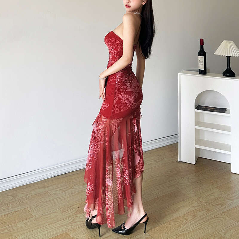 2024 Spring New Women's Solid Color Slim Fit Fashion Off-Shoulder Printed Dress ed1