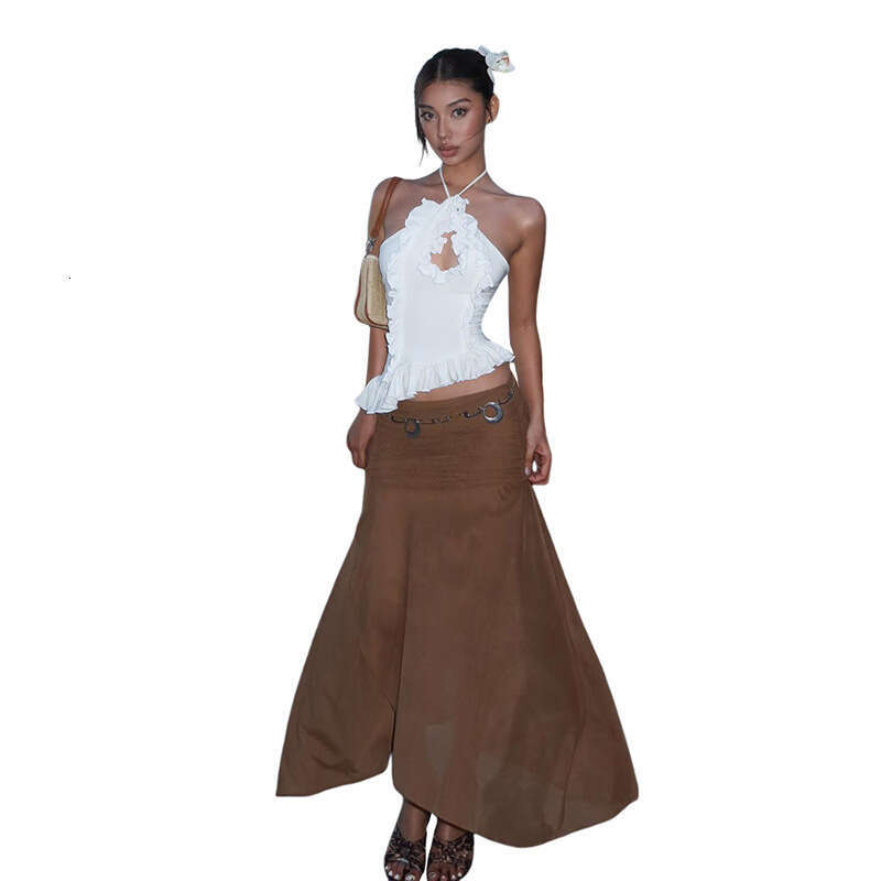 2025 Summer New Solid Color Halter Neck Tie Irregular Slim Top High Waist Elegant Midi Skirt 602