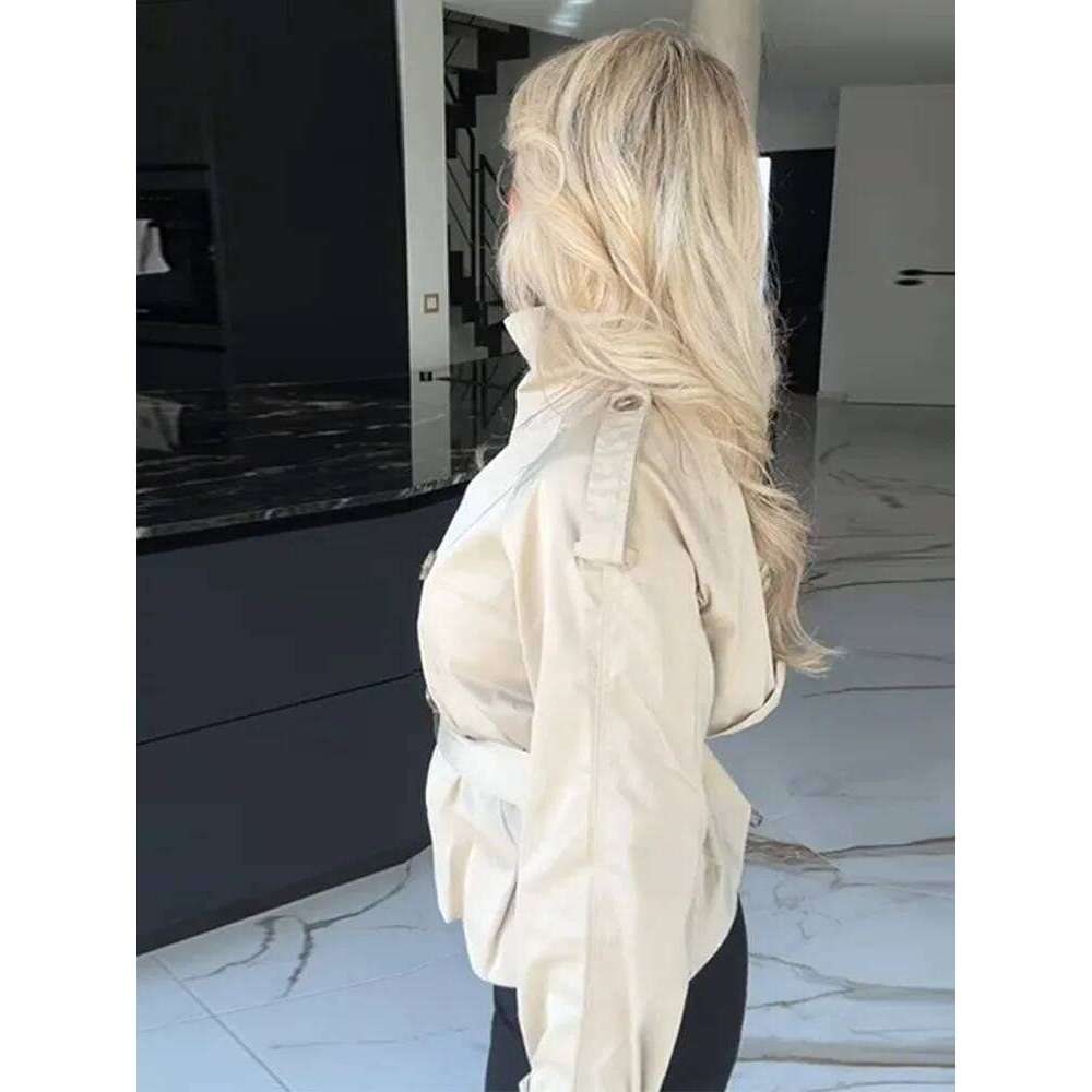 Spring Women's Short Jacket Trench Coat Belt Double Breasted Stand Collar Long Sleeve Outerwear 2025 New High Street Windbreaker