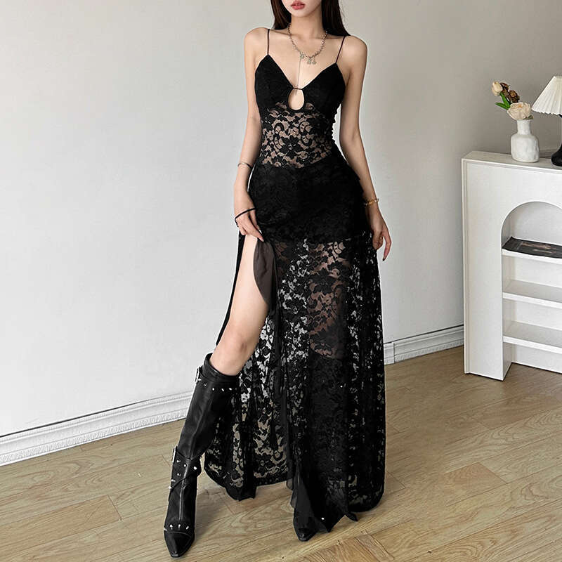 2024 Summer New Women's Solid Color Slim Fit High Waist Fashion V-neck Spaghetti Strap Sheer Dress 588