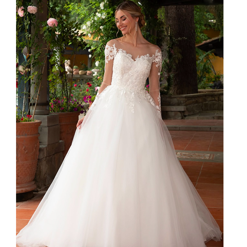 Elegant Wedding Dresses Embroidered Lace On Net Ball Gown With A-Line Floor O-Neck Full Sleeve Bride Customized Vestido De Novia