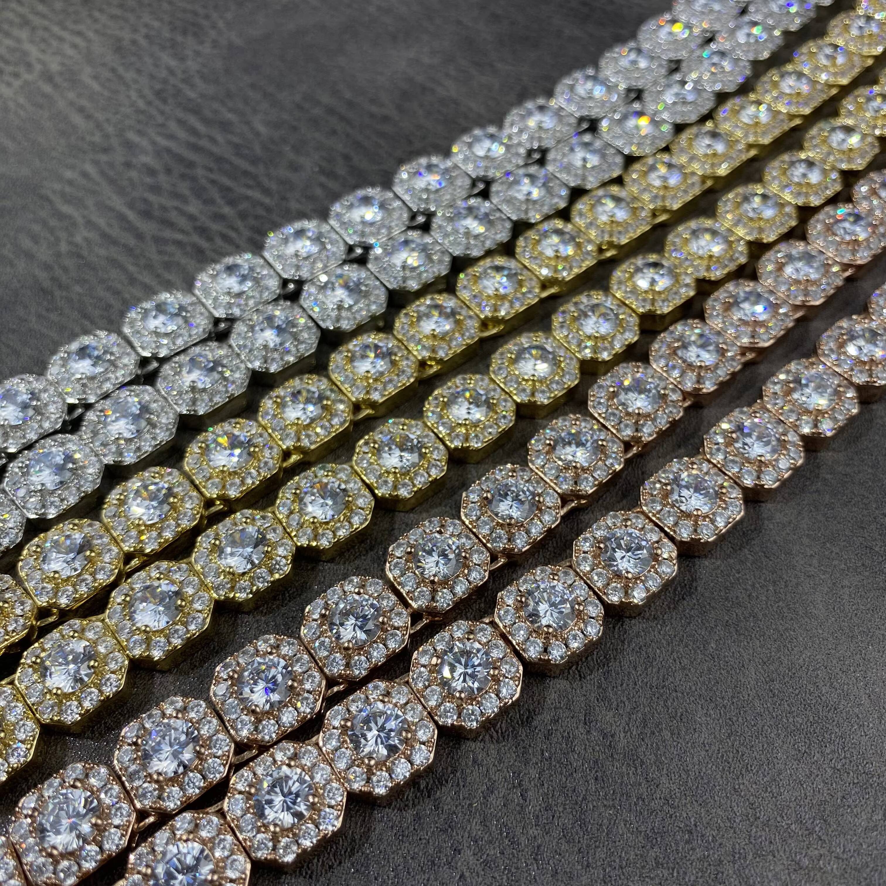 Fine Jewelry Hiphop 925 Sterling Silver D VVS Diamond Moissanite 10mm Cluster Tennis Chain Mens Necklace