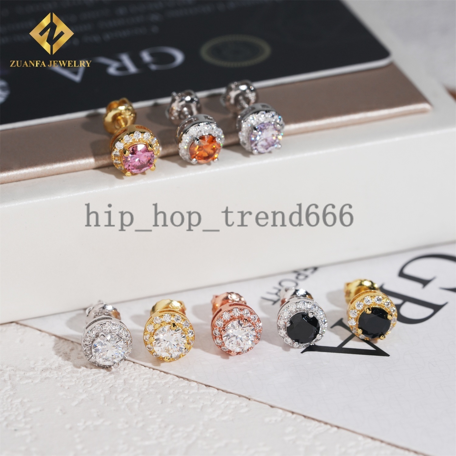 Moissanite Sakura Pink Halo Earrings Studs Round Brilliant Cut VVS GRA Certificate Moissanite Diamond Sterling Silver Screw Back