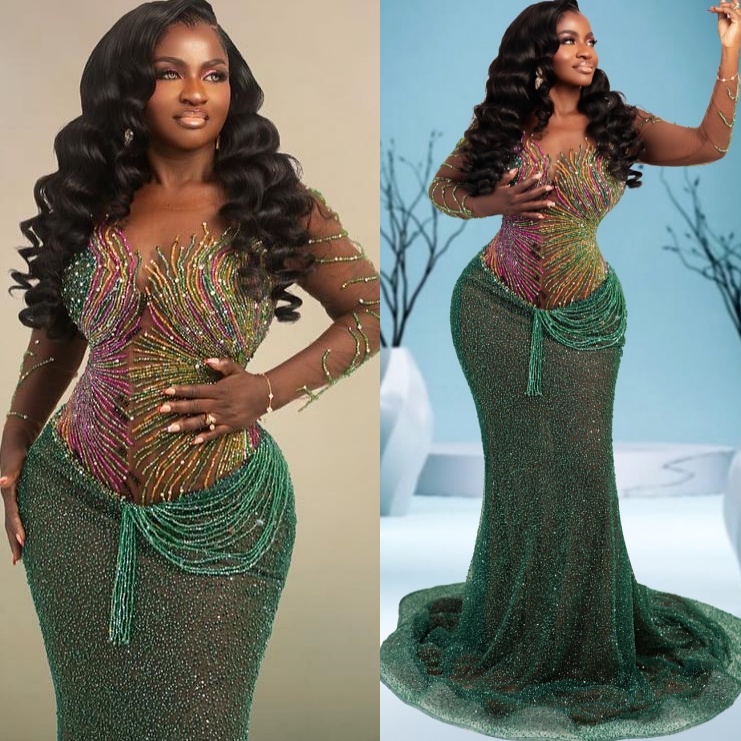Mermaid Dark Green Prom Dresses 2025 Beaded Illusion Sequined Evening Formal Party Second Birthday Engagement Gowns Plus Size Dress For Special Occasi