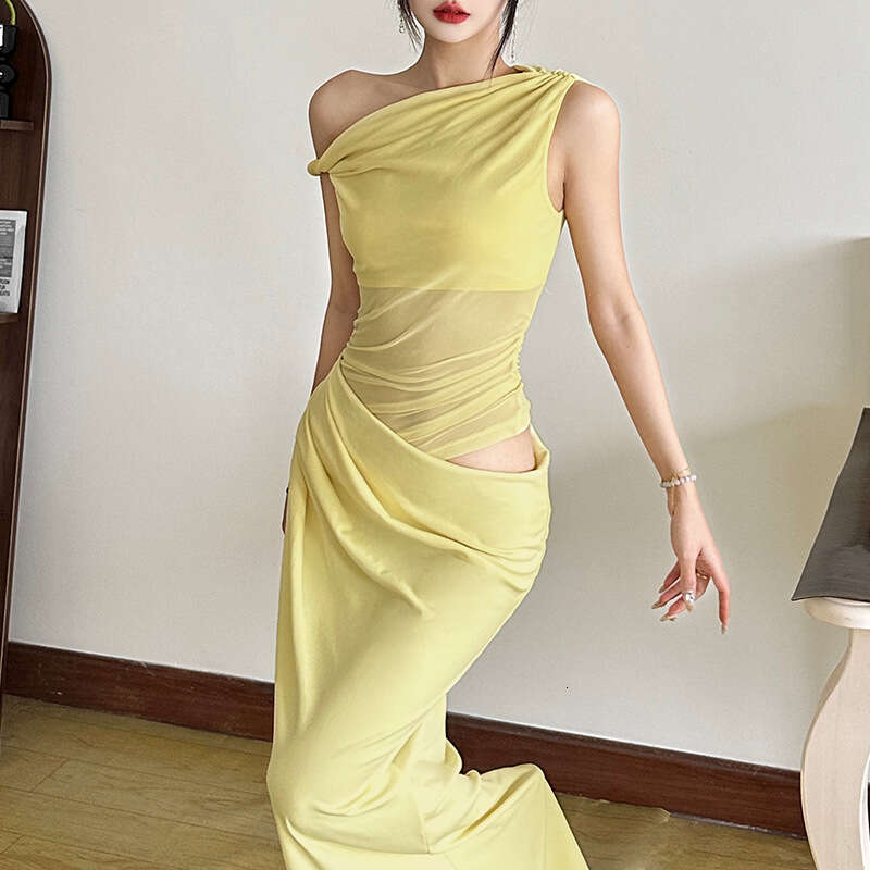 2025 Spring Summer New Solid Color Sexy Asymmetrical Neck Slim Hollow Out Bodycon Dress for Women f1b