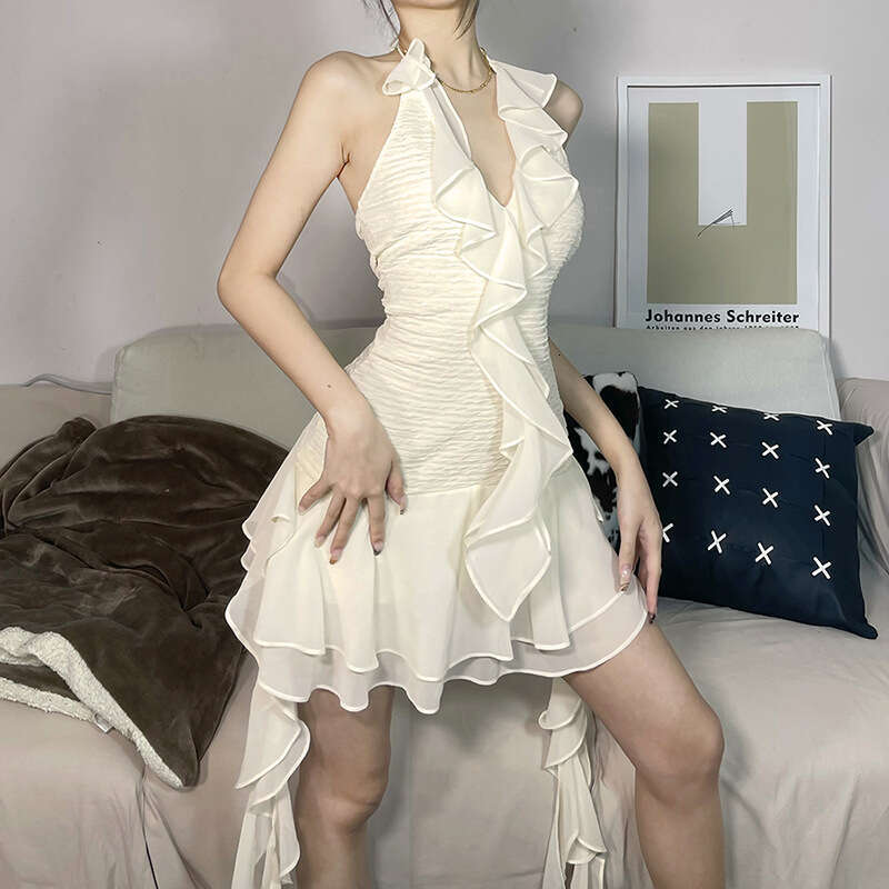2022 Spring New Women's Solid Color Slim High Waist Fashion Halter Sexy Backless Dress 3a7