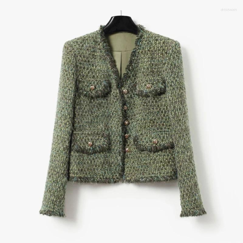 Women's Jackets Green Tweed Jacket Woven Small Fragrance Autumn/winter Clothing Elegant Top For Socialites Tassel Classic