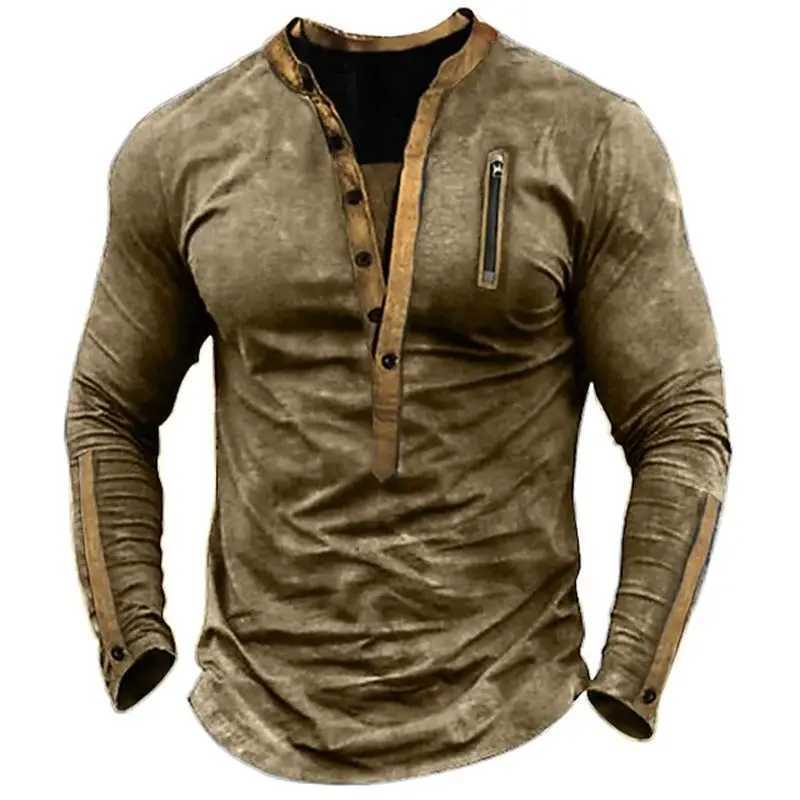 Summer Mens Outdoor Tactical Zipper Contrast Color Henry T-Shirt Y250724