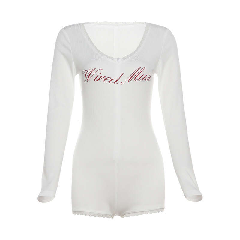2024 Autumn New Women's Solid Color Slim Street Fashion V-Neck Long Sleeve Printed Jumpsuit e6f