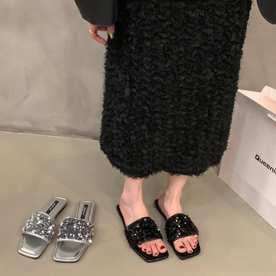 Ddmysports French Style Fairy Shoes One Strap Large Size Flat Sandals Black Spring Summer Women Sequin Low Heel Slippers Outdoor Shoes