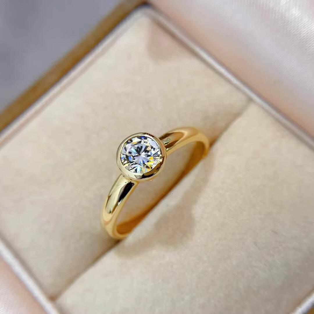 Classic Solitaire Engagement Ring for Women Cut Moissanite S925 Sterling Silver 18K Gold Plated Bezel Setting Romantic Style