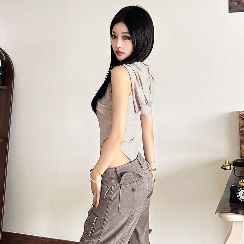 INS2024 Style Autumn Winter New Women's Solid Color Slim Street Fashion Hooded Sleeveless Jumpsuit f24