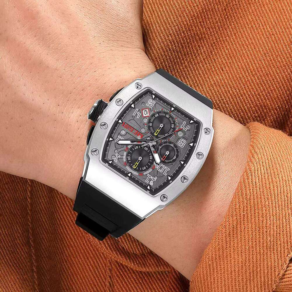DHgargets MEGIR Men's Tonneau Watch - Chronograph, Luminous, 30M Waterproof, Stainless Steel, Silicone Strap