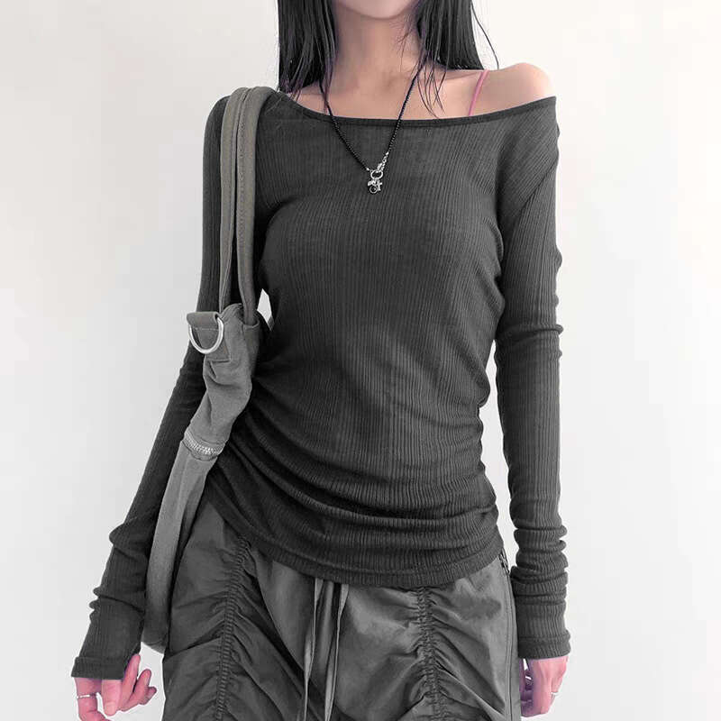 2023 Summer New Women's Fashion Solid Color Sexy Off-Shoulder Long Sleeve T-Shirt 1d3