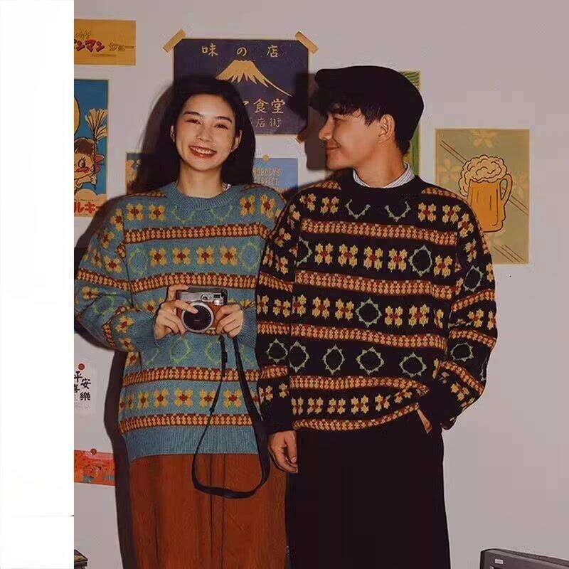 Autumn Winter Japanese Pullover Striped Floral Pattern Long Sleeved Knitted BF Loose Lazy Style Couple Sweater Jacket