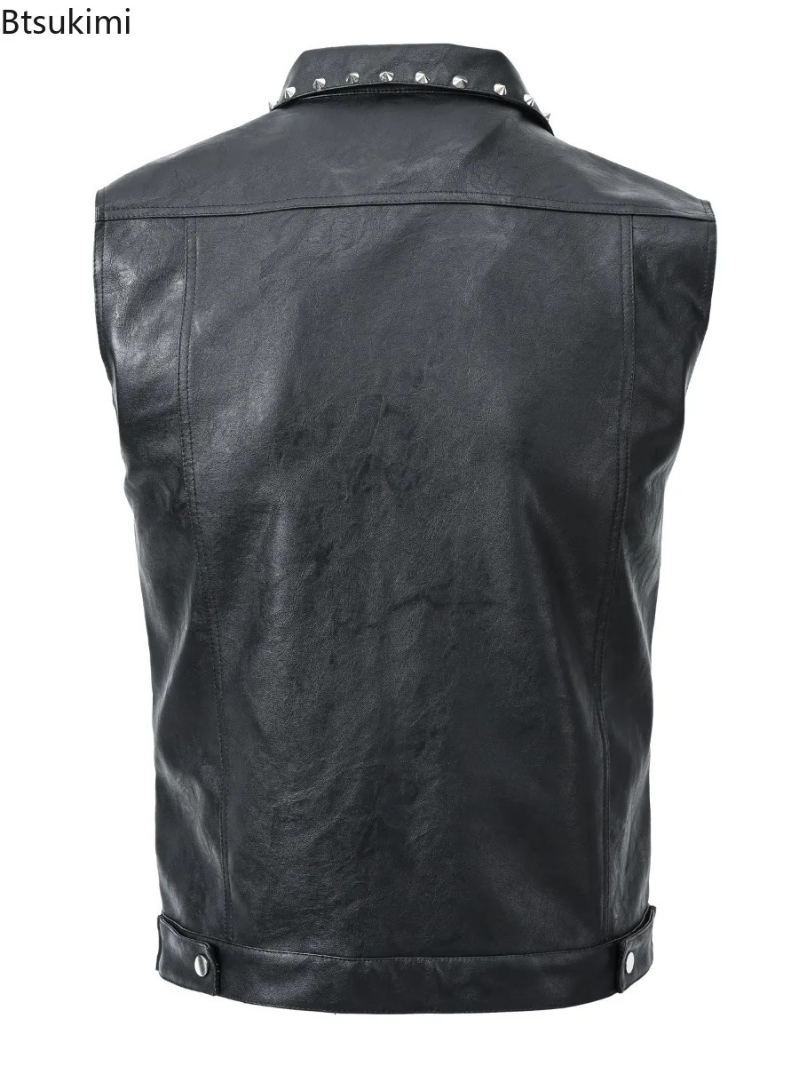 2025 Mens Punk Style Leather Vest Vintage Black Sleeveless Motorcycle Waistcoat with Rivets Fashion High Street PU Jackets Male 250725