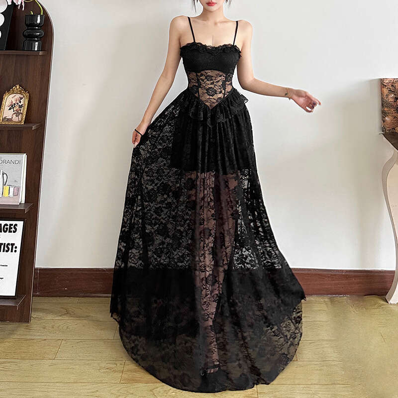 2025 Summer New Sleeveless Slim Lace Trim Waist-Cinching Pure Desire Sexy Fashion Long Dress Women's Clothing a55