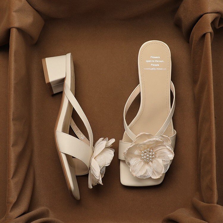 Ddmysports French Fashion Sandals For Women Outdoor Summer New Fairy Style Pearl Flower Square Toe Chunky Heel Slip On Outdoor Shoes