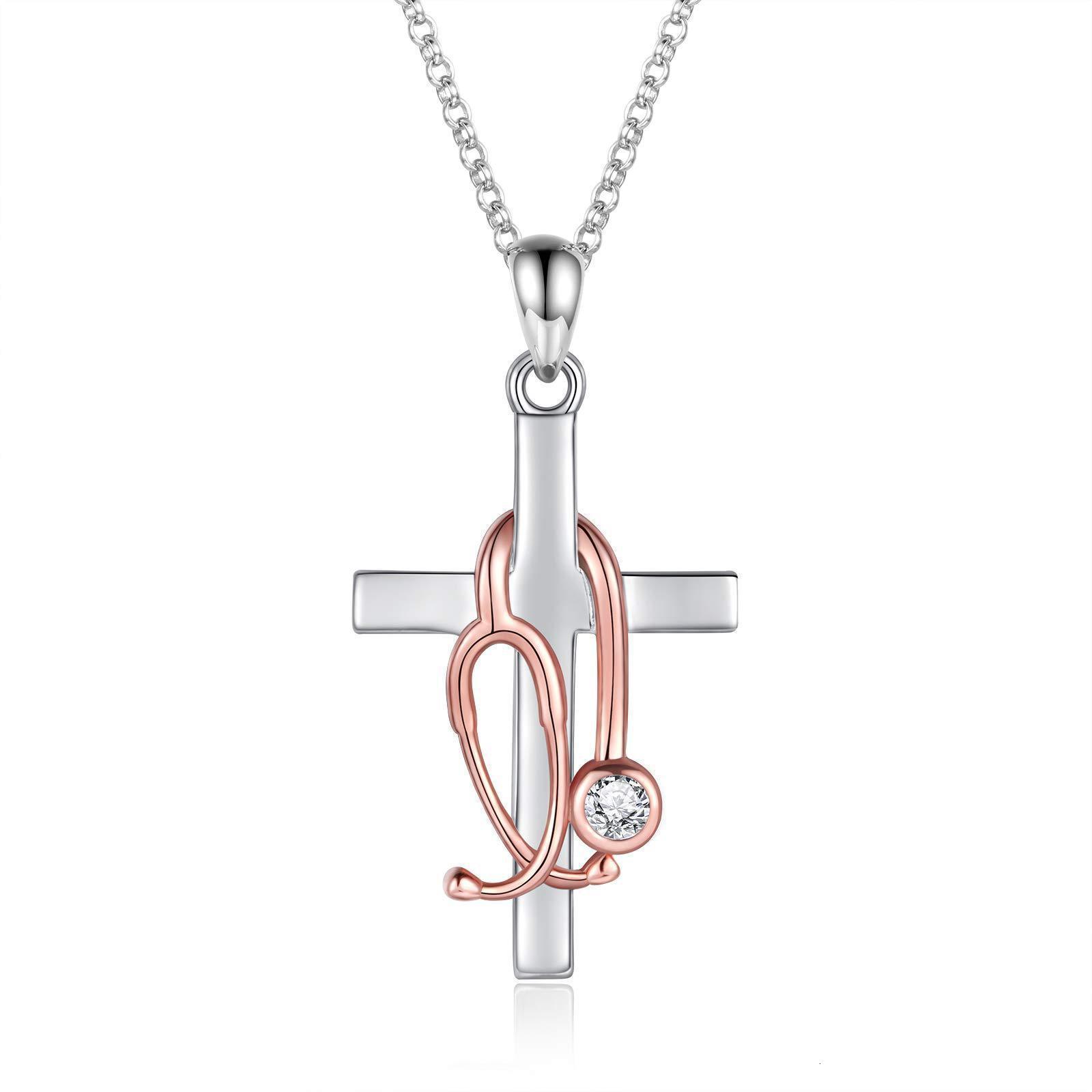 Womens Cross Necklace Steel Color Cross Inlaid with Rose Gold Stethoscope Cross Stethoscope Necklace