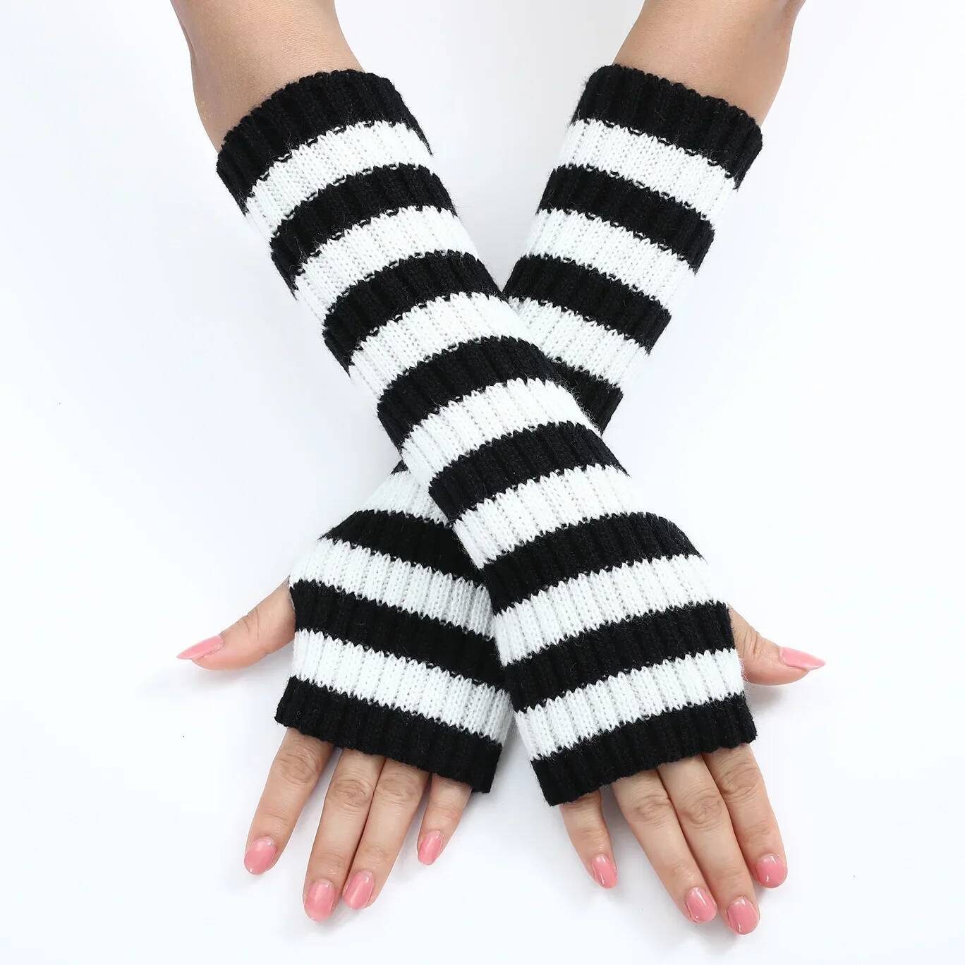 30cm Women's Fashionable Striped Fingerless Mittens Girls Long Knit Gloves for Warmth Winter Glove ddmythur