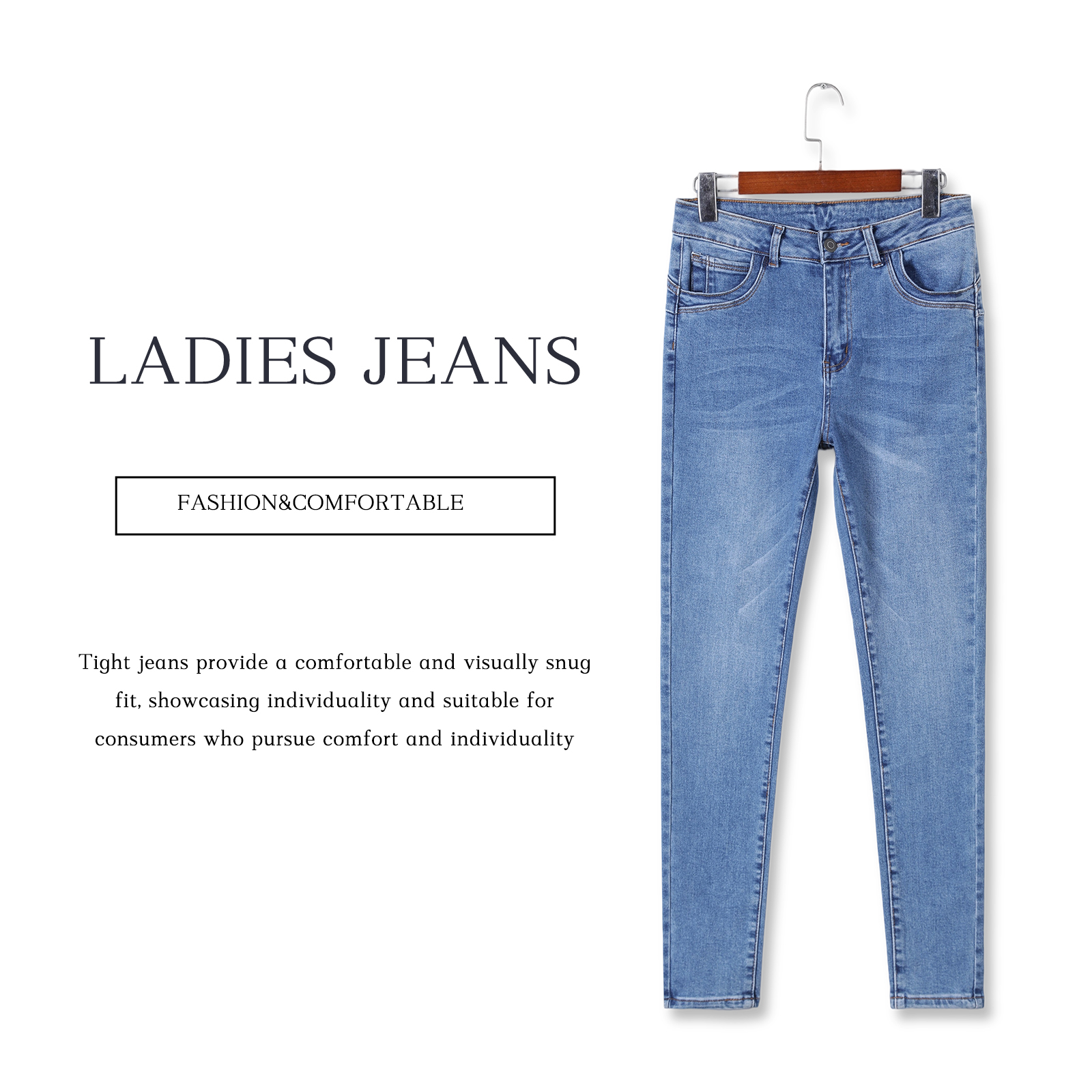Ladies' tight jeans stretch slim fit and slimming style versatile for daily commuting
