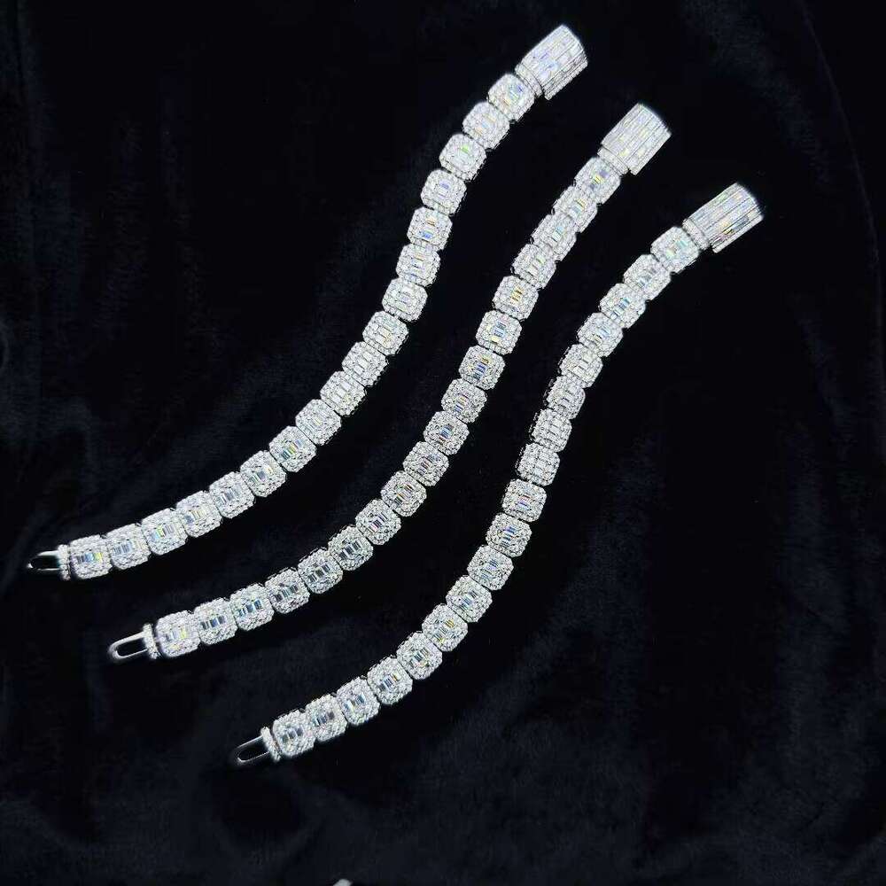100% Passes the test for the designer necklace's high quality10mm/12mm Sier Hiphop Rock-Candy Necklace with Square Tennis Moissanite Chain