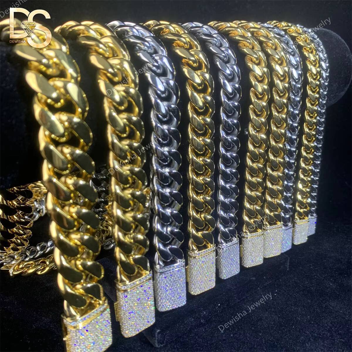 Wholesale Men Chunky Miami Cuban Chain 8/10/12/14/16/18mm Gold White Gold Plated Iced Out Moissanite Bails Bracelet and Necklace