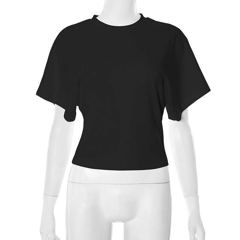 Y25tp031 Women's Spring Summer New Solid Color Cotton Round Neck Pullover Five-Sleeve Loose Waist-Cinching Short Top B5