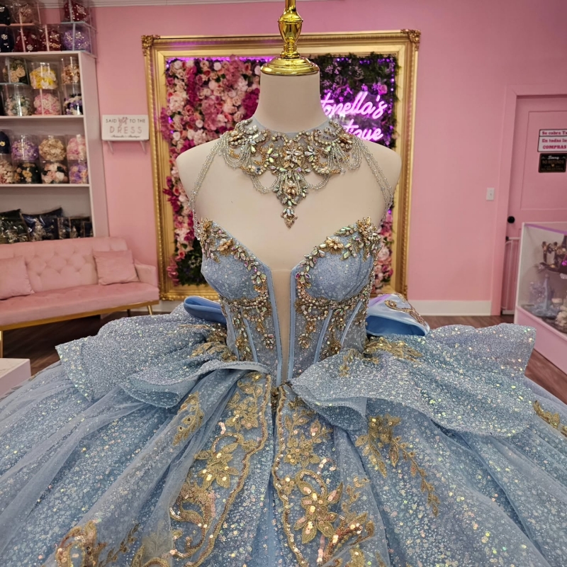 Sky Blue Shiny Quinceanera Dresses Ball Gown Off The Shoulder Applique Lace Beads Party Birthday Sweet 16 Dress Vestidos 15 Anos