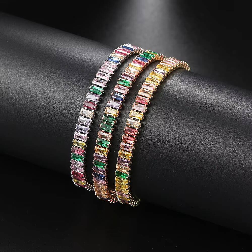 Rainbow Colored 2.5*5mm Zircon Tennis Chain Bracelet Jewelry Women Multicolored Silver Gold Iced Out CZ Diamond Tennis Bracelet