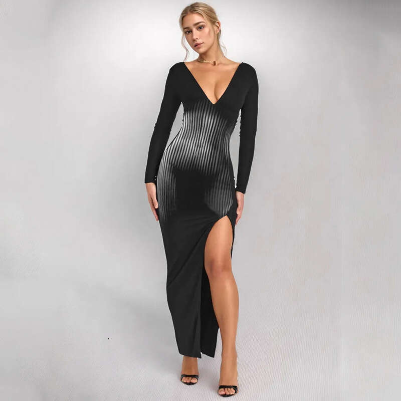 Qds464 Women's Autumn New Printed Deep V-Neck Long Sleeve High Waist Slim Fit Split Bodycon Dress B5