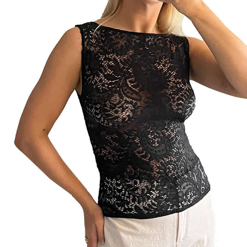 Y23tp743 Women's Spring New Casual Round Neck Pullover Slim Fit Patchwork Solid Color Lace Vest Top B5