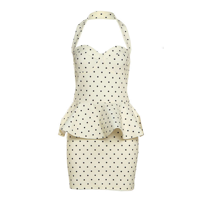 Women's Fashion 2024 Autumn Winter New Fashionable Sexy Halter Neck Waist-Cinching Polka Dot Dress 64c