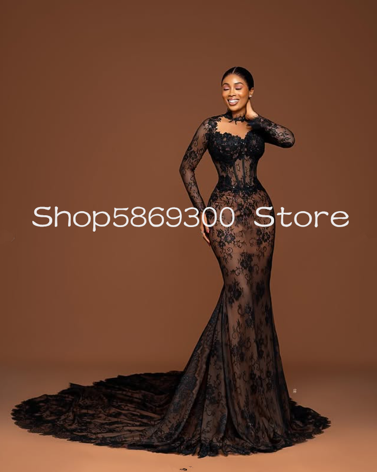 Black Champagne African Mermaid Evening Formal Dresses Lace Applique Long Sleeve Aso Ebi Boning Prom Gala Gown Customsized