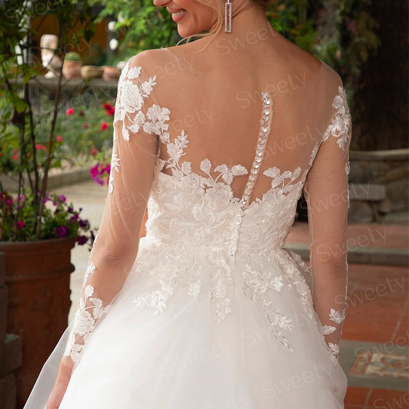 Elegant Wedding Dresses Embroidered Lace On Net Ball Gown With A-Line Floor O-Neck Full Sleeve Bride Customized Vestido De Novia