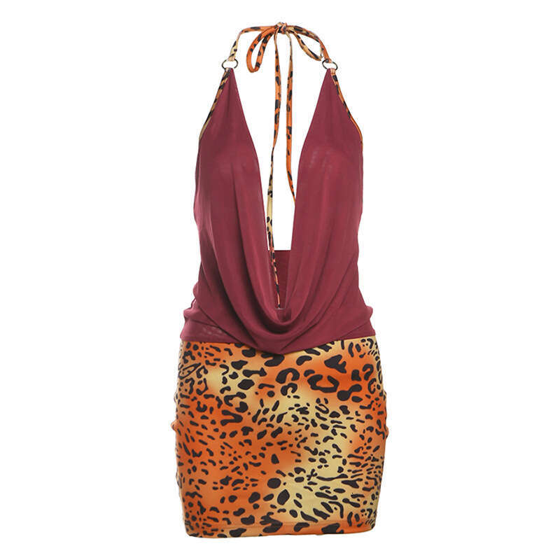 2025 Summer New Sexy Hot Girl Neck Patchwork Niche Leopard Print Strap Halter Dress for Women f97