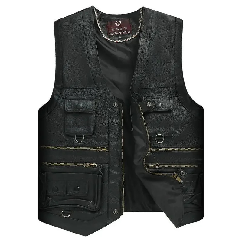 2025 Cowhide Genuine Leather Man Vest Waistcoat Male clothing Jacket Thick Motorcycle Multi Pocket leather biker Men safety vest 250725