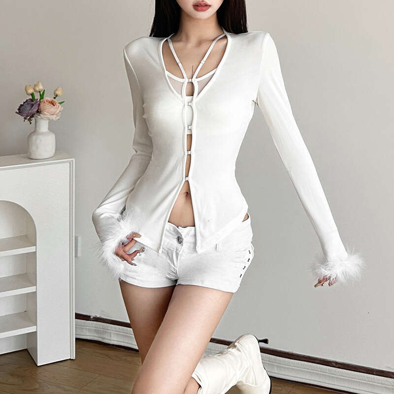 2024 Autumn New Women's Solid Color Slim Fit Crop Street Fashion V-Neck Long Sleeve Top 880