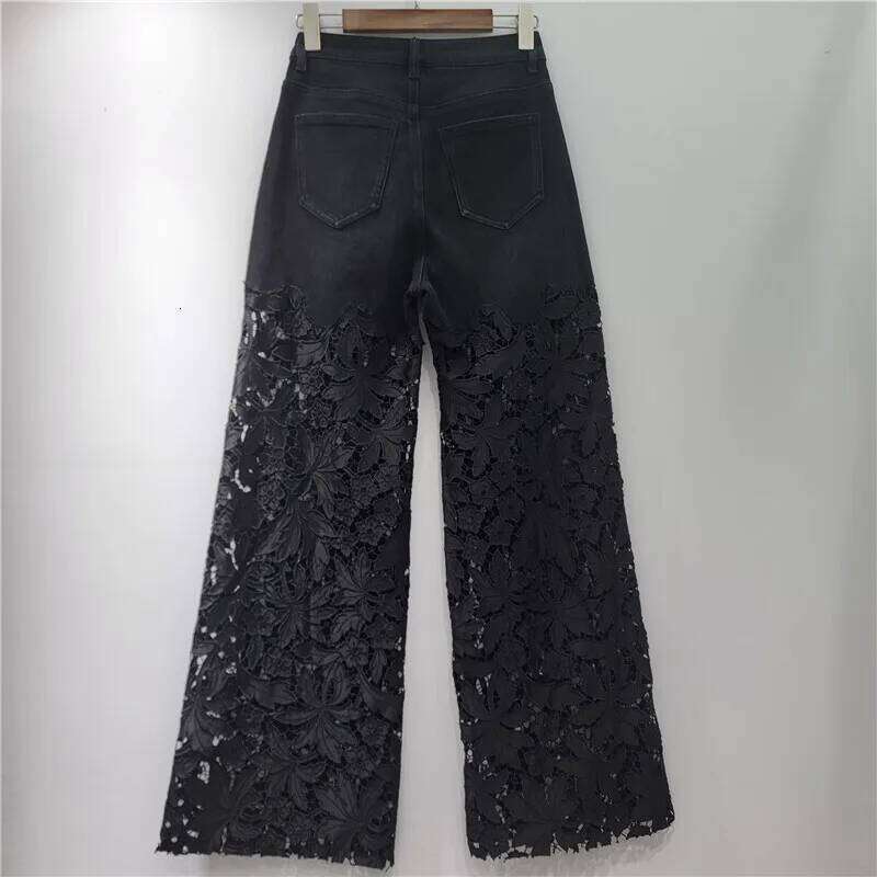 Women's Denim Pants Black Dias Patchwork Lace Hollow Out Embroidery Straight Jeans 2025 New Summer Fashion 29A1882