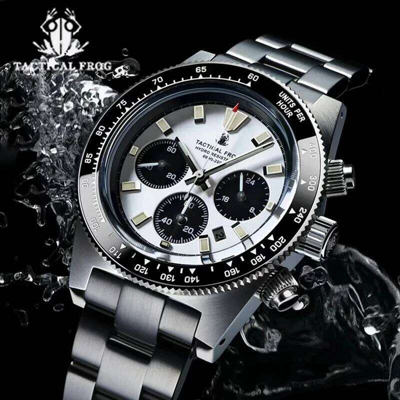 Tactical Frog 41mm Men's Chronograph Watch VS75 Solar Movement Waterproof Sapphire Green C3 Luminous Quartz Wristwatch