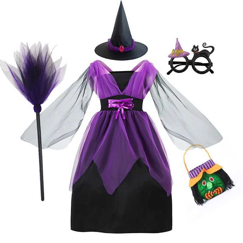 Girls Purple Witch Dress + Hat Kids Halloween Costume Children Birthday Par Dress Mesh Witch Fancy Dress Magic Witch Costume Z250725
