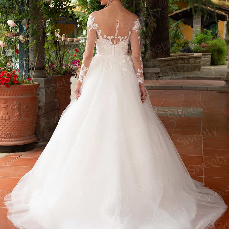 Elegant Wedding Dresses Embroidered Lace On Net Ball Gown With A-Line Floor O-Neck Full Sleeve Bride Customized Vestido De Novia