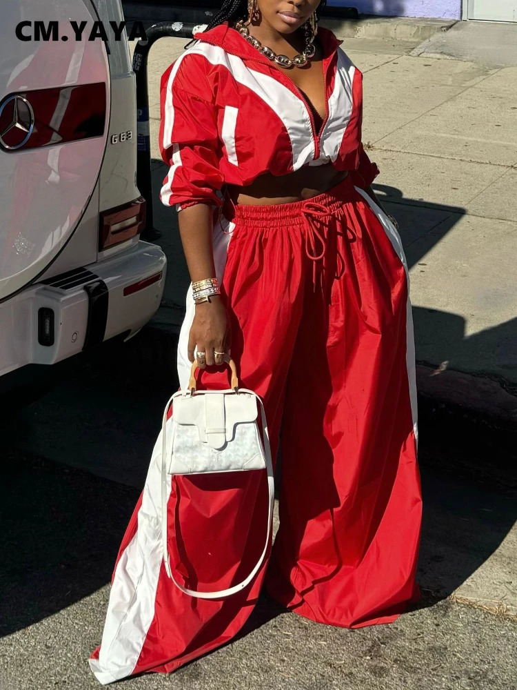INS Two-Piece Set Outfit Tracksuit CM.YAYA Active Patchwork Womens Set with Zipper Sweatshirt Jacket and Wide Leg Pants 250723