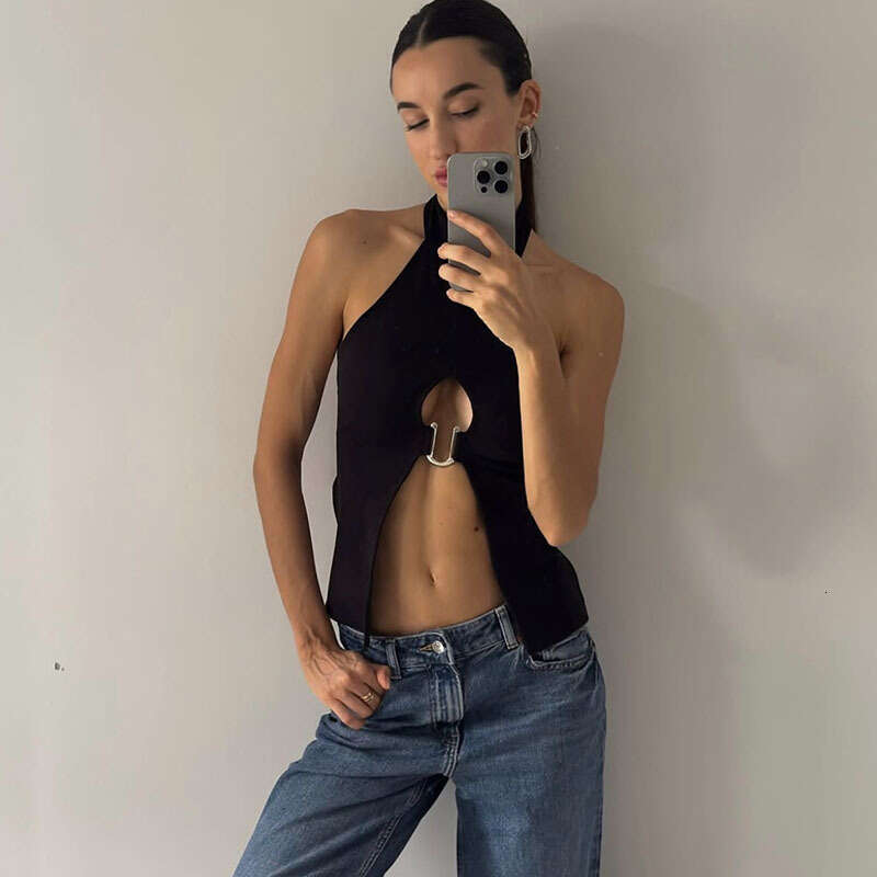 2025 Summer New Ins Style Hot Girl Sexy Slim Hollow Out Cropped Halter Top for Women 980